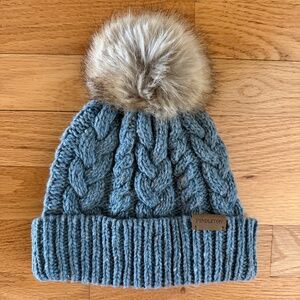 Pendleton Merino Wool Alpaca Cable Knit Blue Gray Fur Pompom Winter Beanie Hat